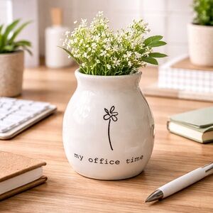 Ceramic Dimpled Bud Vase "My Office Time" Flower with Green Stripes Decorative